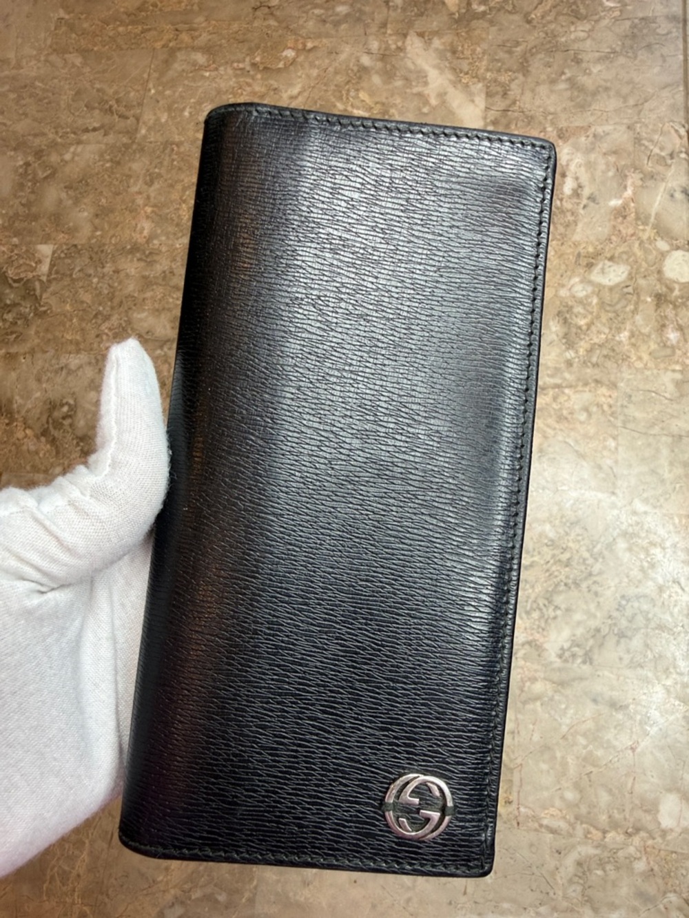 Gucci Black Leather Tall Card & Key Holder Wallet with Silver Double G